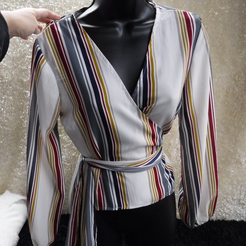 Charlotte Russe long sleeve wrap blouse multi color stripe, Size S